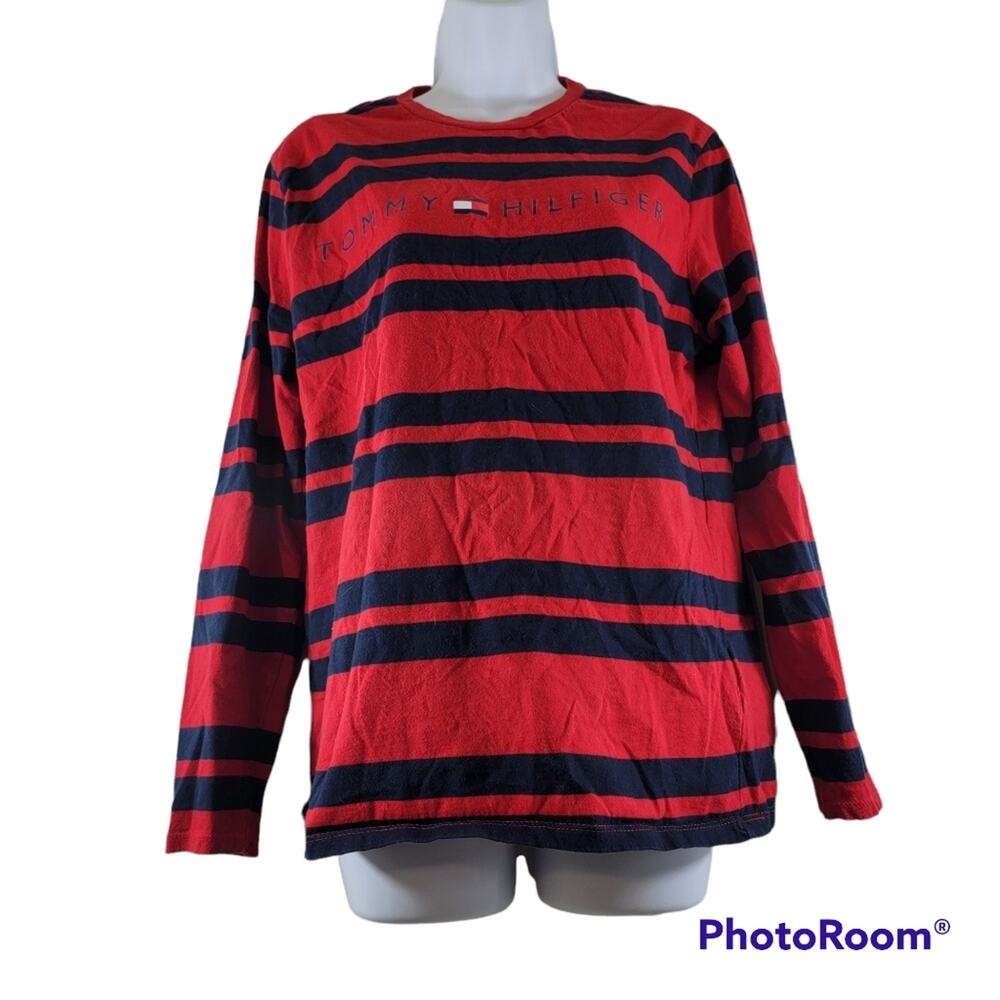Tommy Hilfiger Logo Long Sleeve Tee Striped Blue and Red Size Small